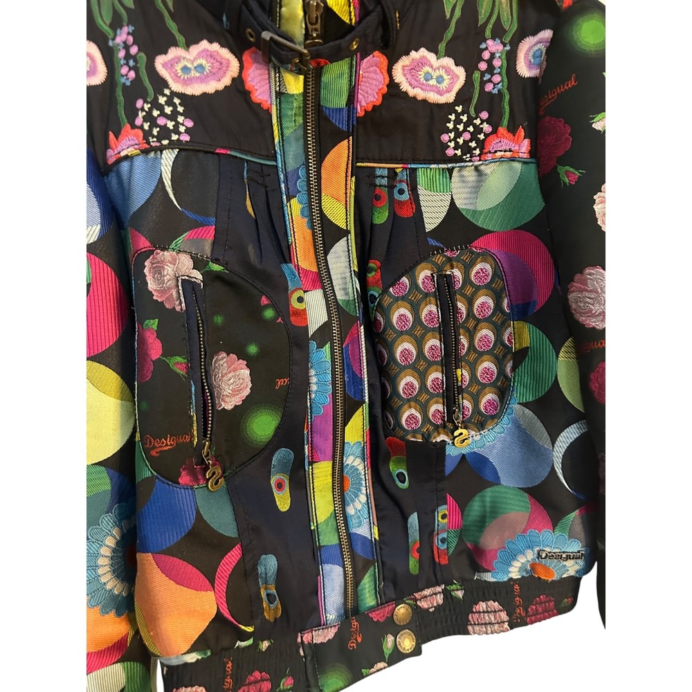 Desigual Jacket W. 40 Black Multi Color Floral Embroidered Moto Bomber Full Zip - Picture 4 of 13